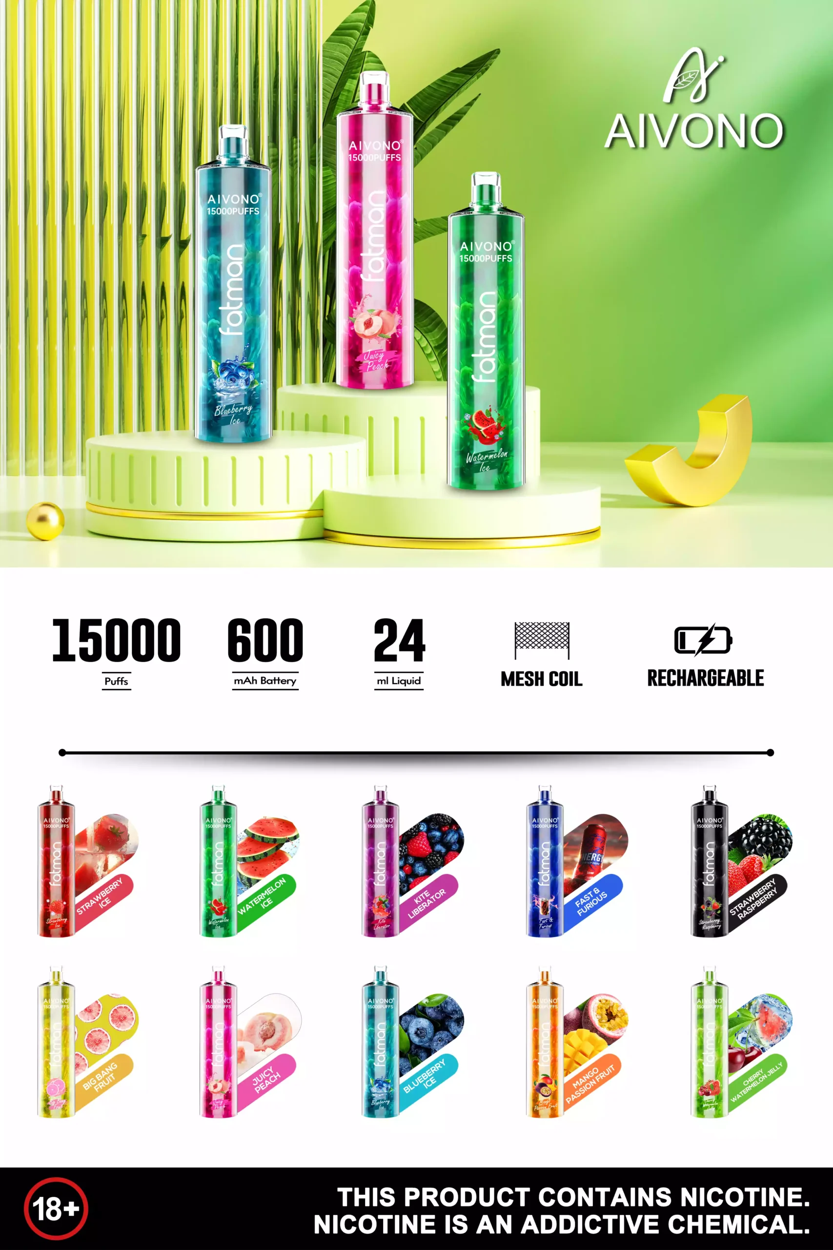 AIVONO Fatman 15000 Puffs Top Selling Vape with 15000 Puffs, 5% Nicotine and Convenient Rechargeable Design (11) AIVONO Fatman 15000 Puffs Top Selling Vape with 15000 Puffs, 5% Nicotine and Convenient Rechargeable Design (11)