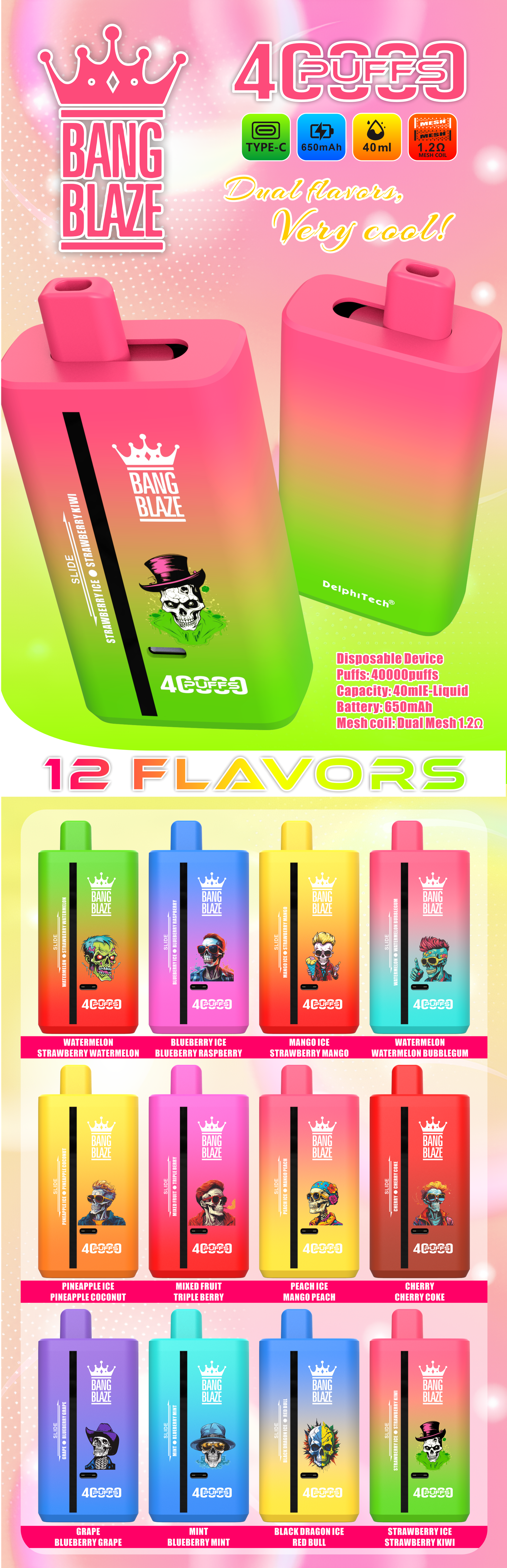 BANG BLAZE 40000 Puffs 12FLAVORS BK40S Disposable Vape with 5% Nicotine Options
