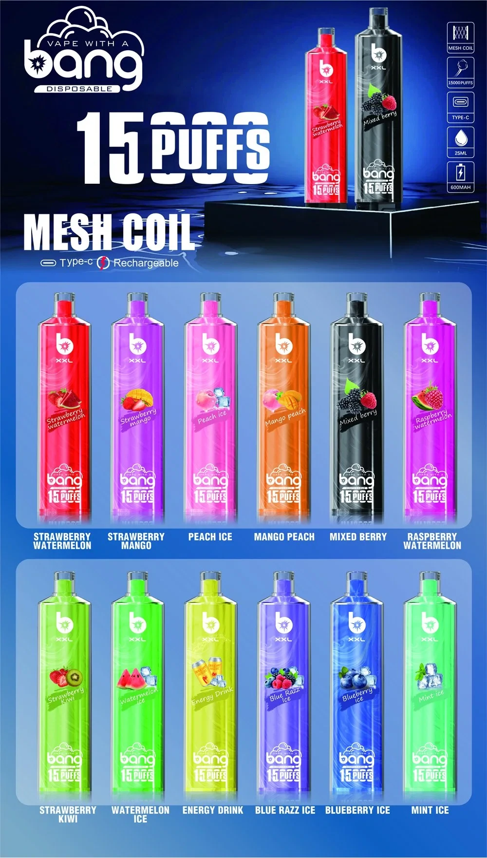 BANG TN 15000 XXL Puffs High Quality Disposable Vape with Customizable Nicotine Strengths and Mesh Coil