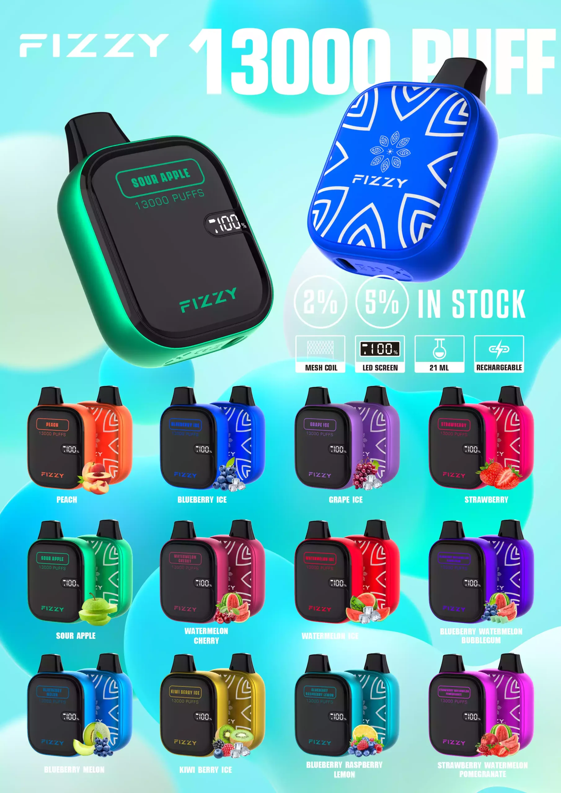 FIZZY Boom 13000 Puffs Top Features of the High End Disposable Vape with 21ML E Liquid