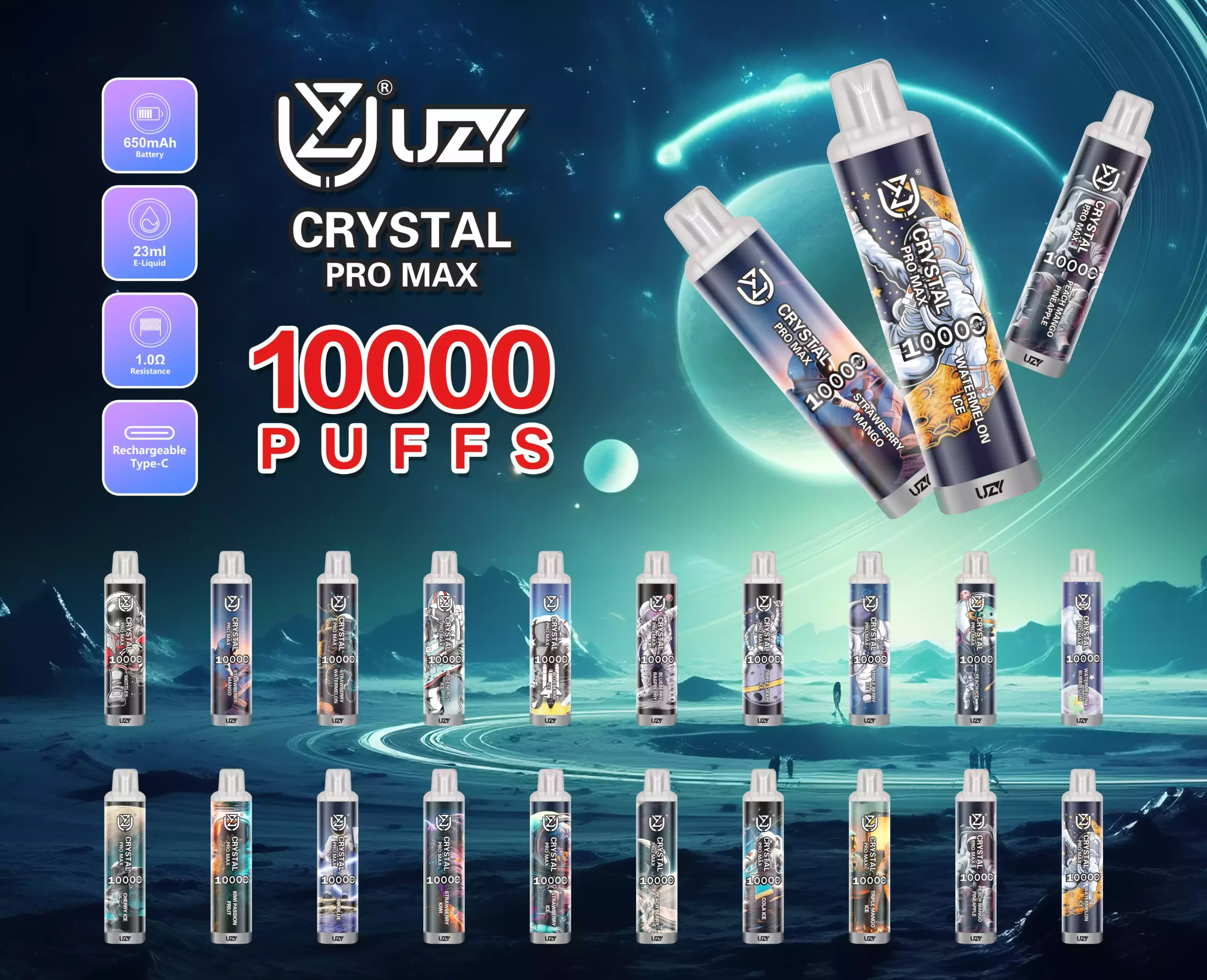UZY Crystal Pro Max 10000 Puffs Best Rechargeable Disposable Vape with 16ml Liquid Capacity