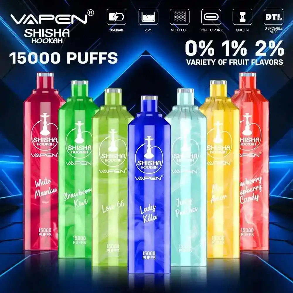 VAPEN SHISHA HOOKAH 15000 PUFFS Rechargeable Disposable Vape with 10 Delicious Flavors and 0% to 2% Nicotine