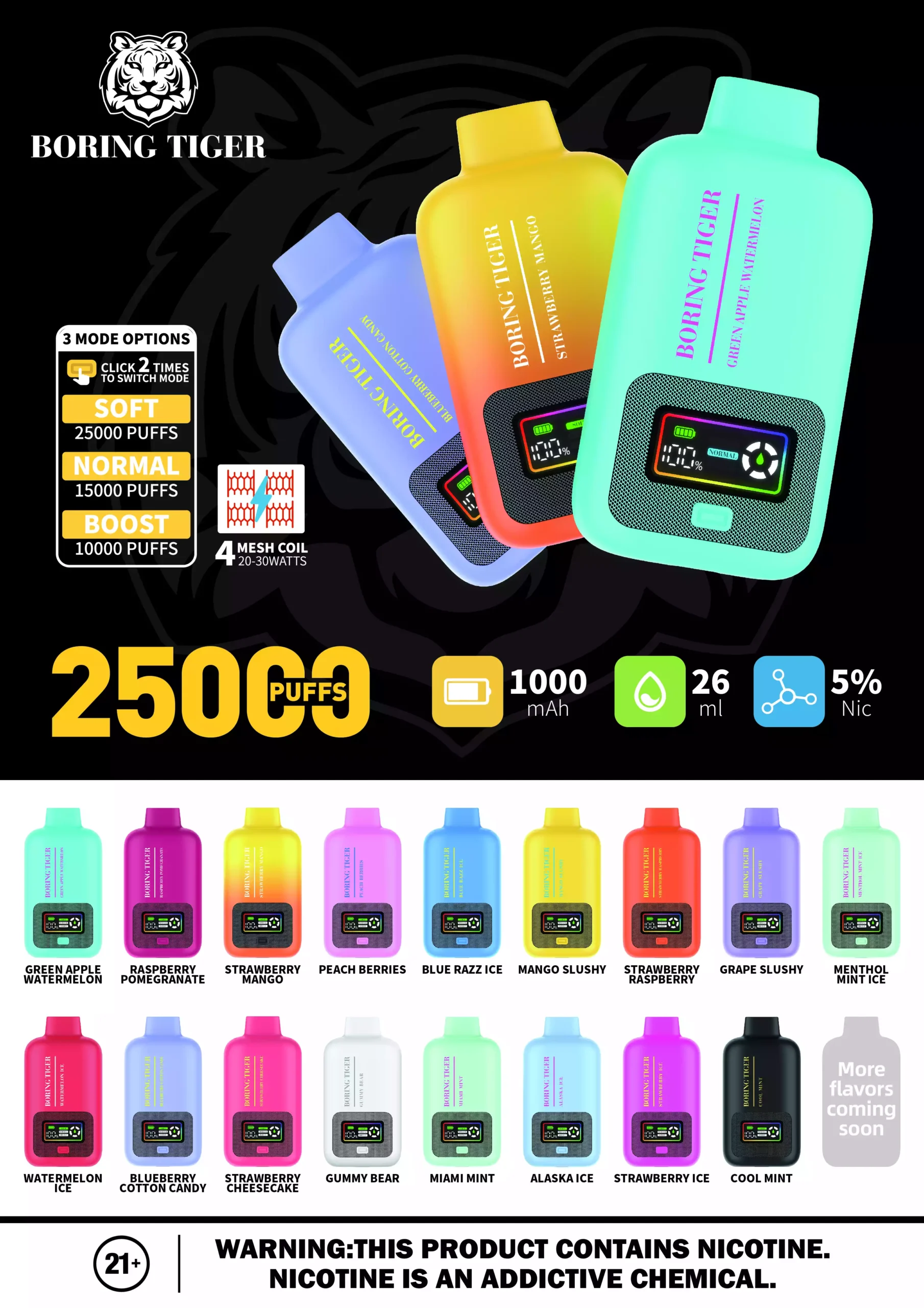 VASY Boring Tiger 25000 Puffs 26ML E-liquid 50mg Nicotine Salt disposable vape