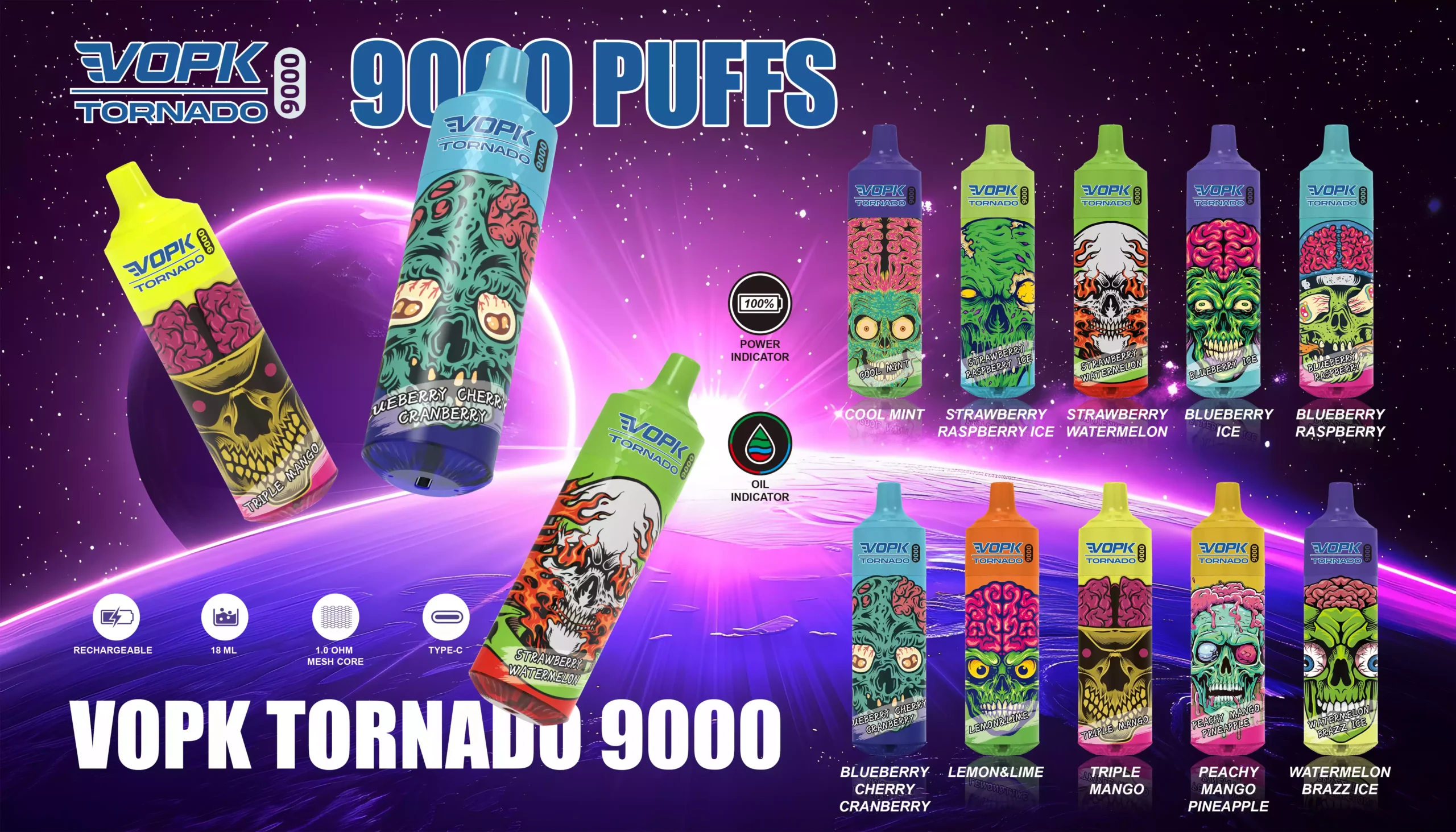 VOPK TORNADO 9000 Puffs Disposable Vape with 18ML Capacity and 5% Nicotine Options