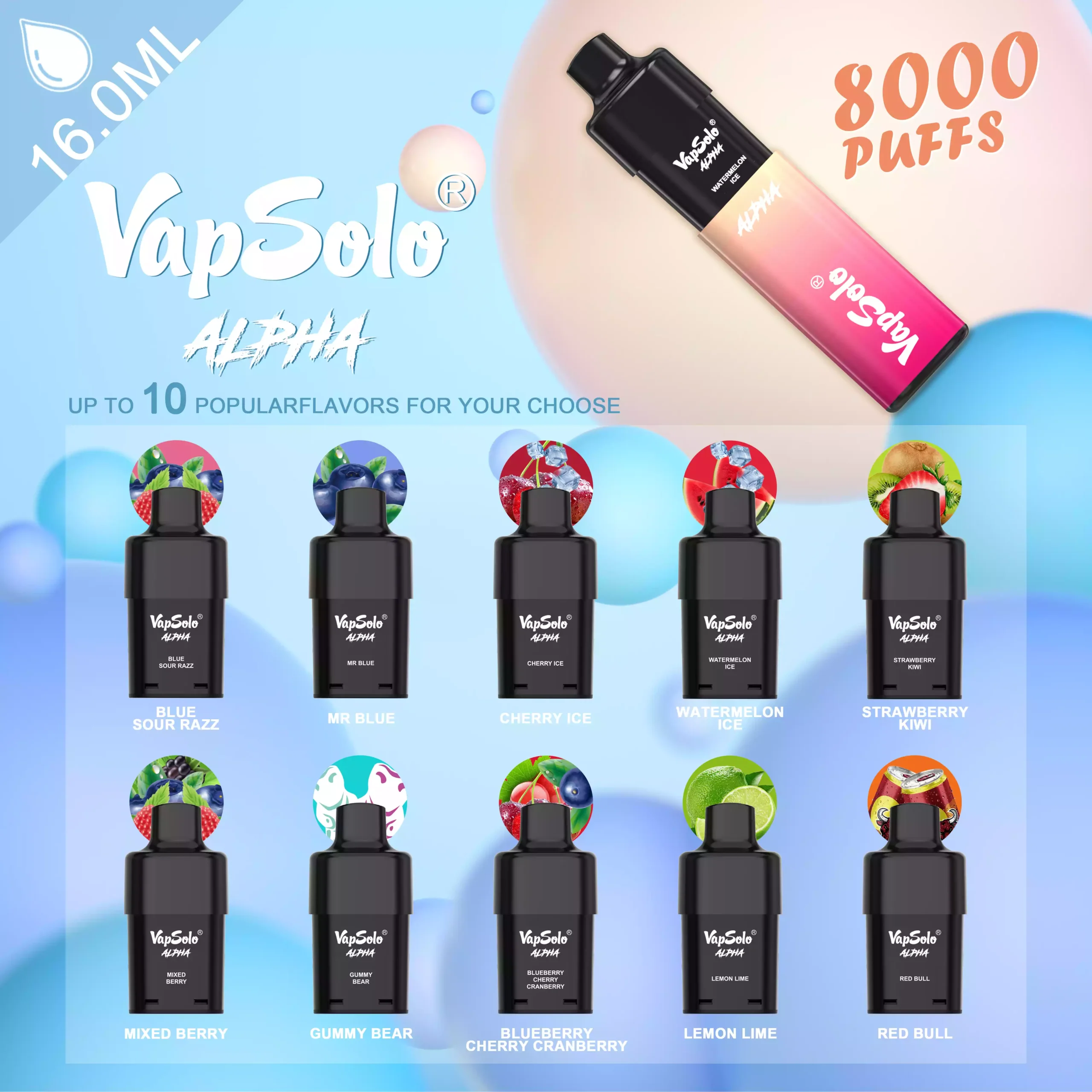 Vapsolo Alpha 8000 Puffs Rechargeable Disposable Vape with 5% Nicotine and Long-Lasting Flavor