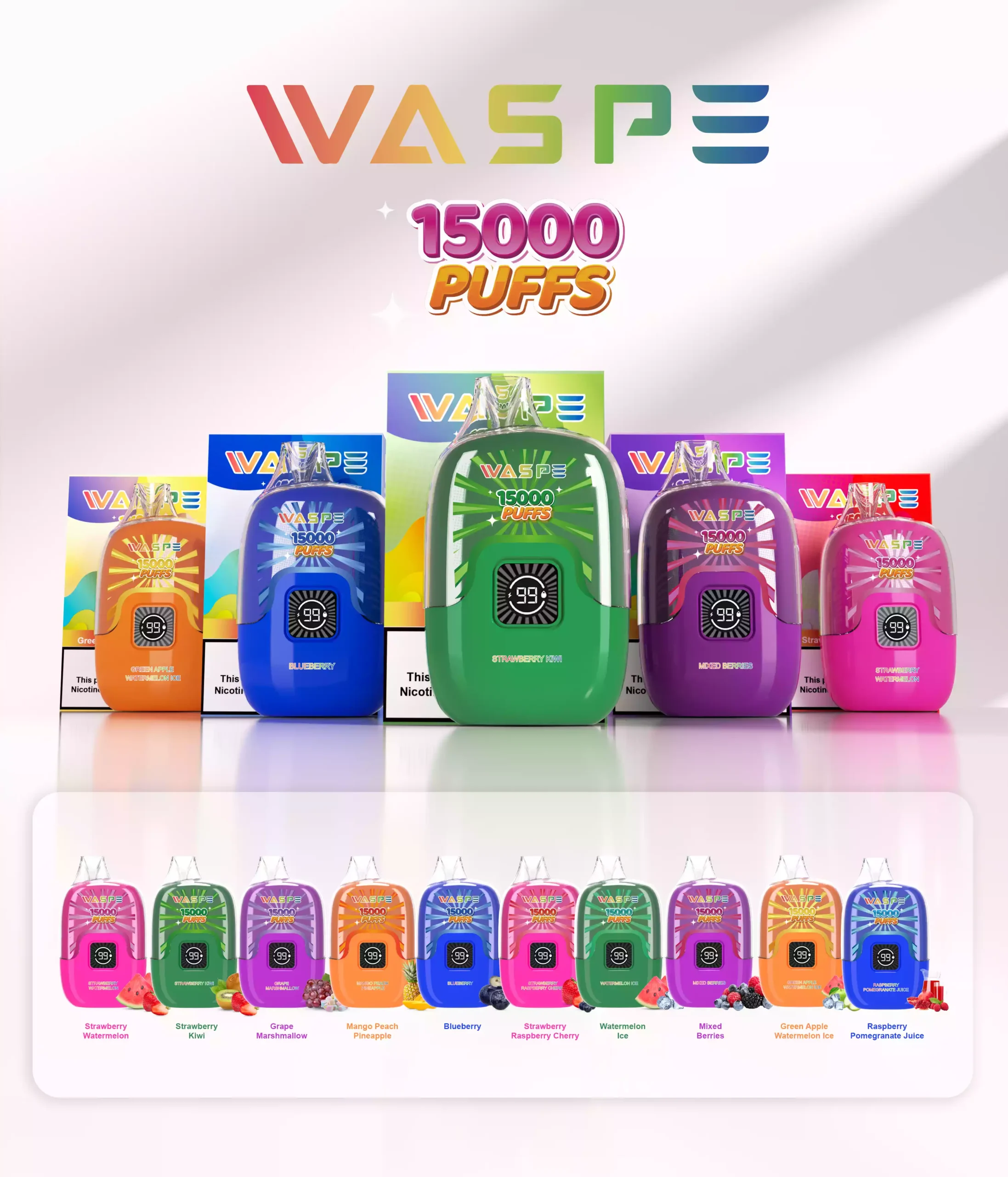 WASPE 15000 PUFFS Digital Box Disposable Vape with 22ml Capacity and Rechargeable Battery (4) WASPE 15000 PUFFS Digital Box Disposable Vape with 22ml Capacity and Rechargeable Battery (4)