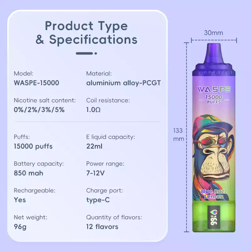 WASPE 15000 PUFF Sv Disposable Vape with LCD Display Rechargeable Battery and 12 Flavors