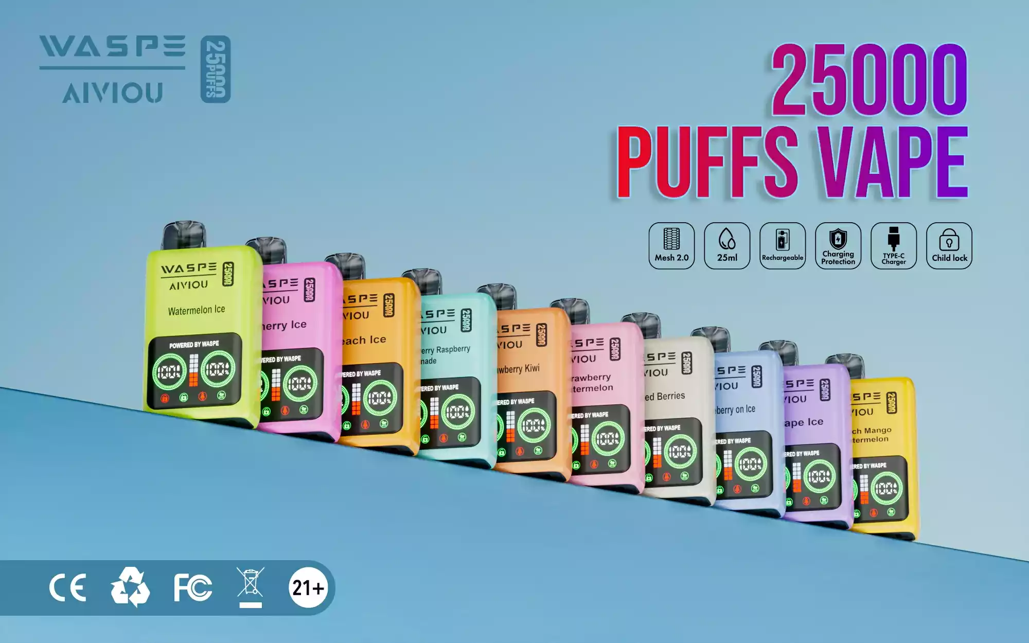 WASPE 25000 PUFFS Dual Mesh Box Disposable Vape with 25ml Capacity and 650mAh Battery (6) WASPE 25000 PUFFS Dual Mesh Box Disposable Vape with 25ml Capacity and 650mAh Battery (6)