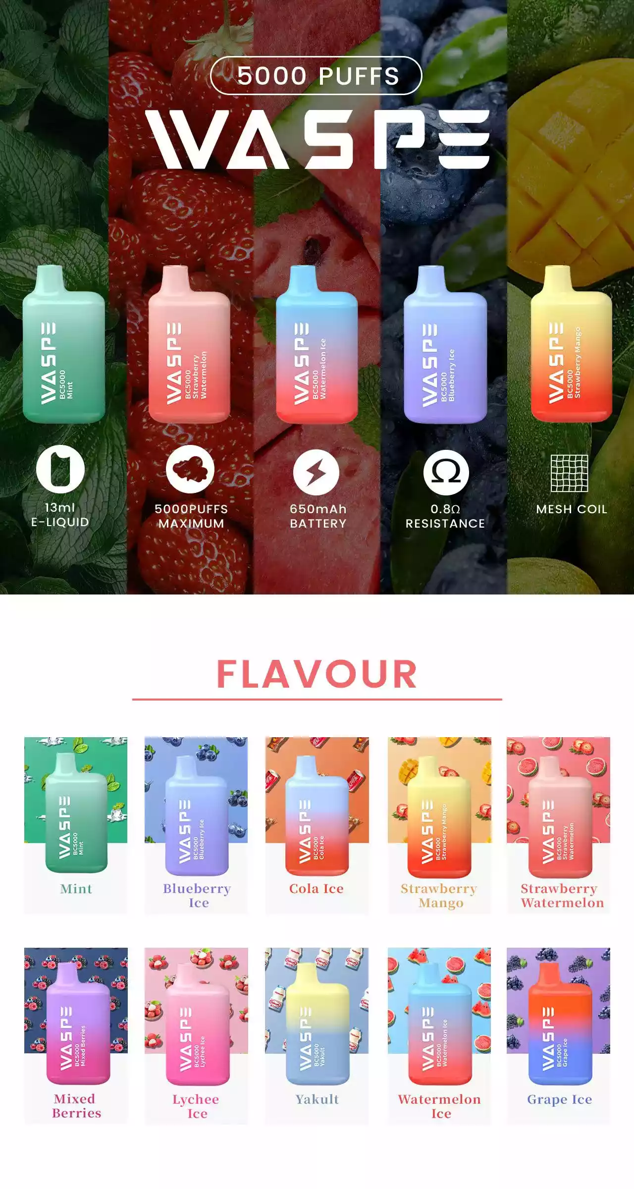 WASPE 5000 Puffs 13ml Capacity 5 Nicotine Strengths and 10 Delicious Flavors in One Disposable Vape (7) WASPE 5000 Puffs 13ml Capacity 5 Nicotine Strengths and 10 Delicious Flavors in One Disposable Vape (7)